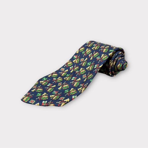 Salvatore Ferragamo Tie Necktie Blue Geometric Drum Trumpet Silk Made In Italy - Picture 1 of 12
